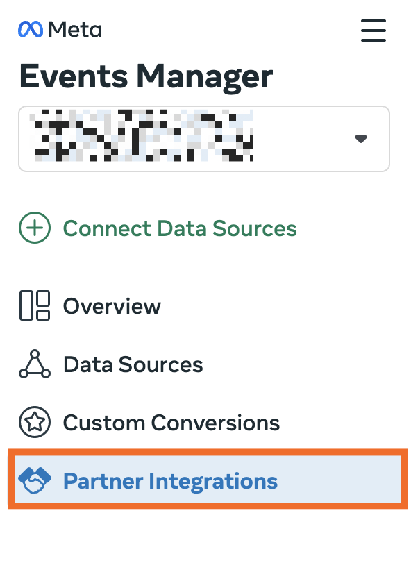 In the Events Manager menu, Partner Integrations has been selected.