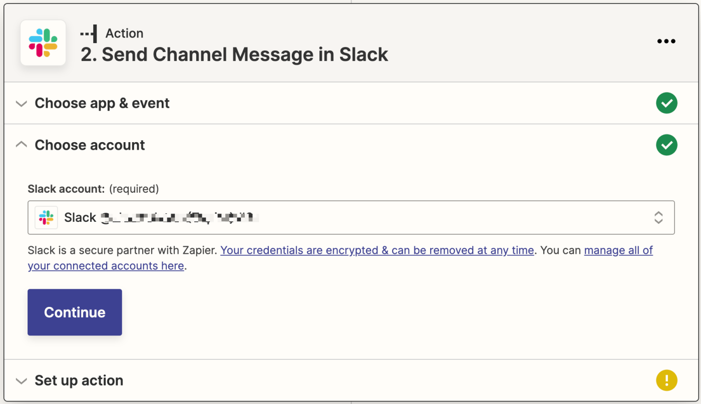A Slack account selected in the Slack account field with the Slack app logo.