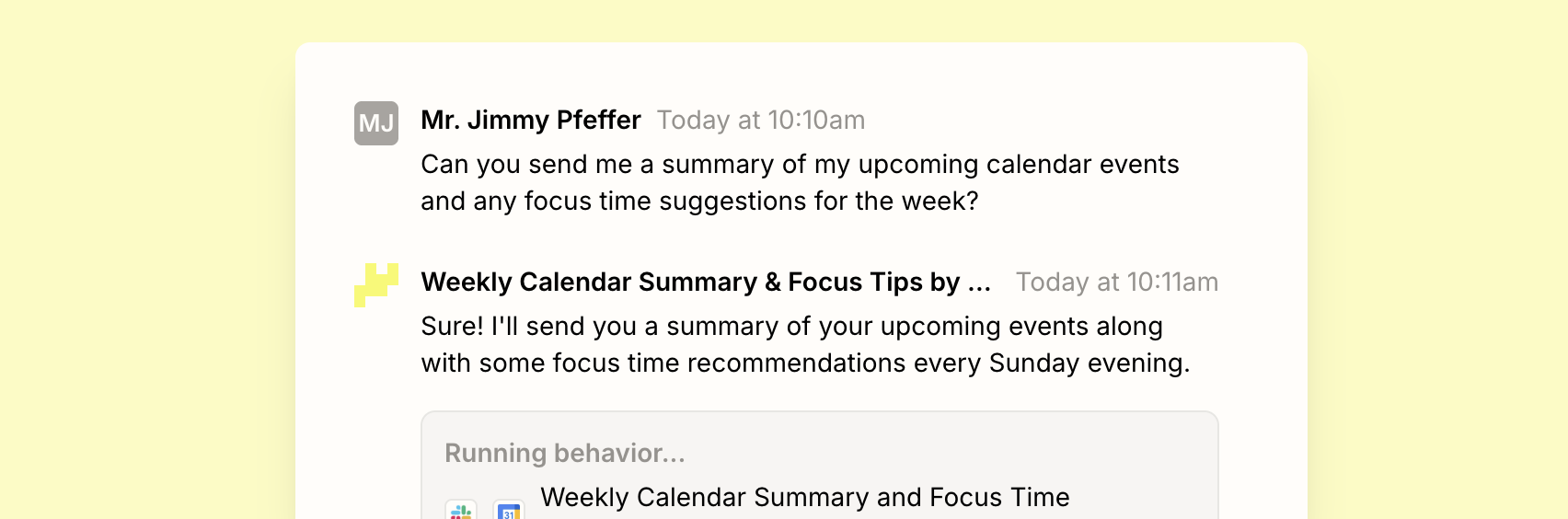 A conversation with a Zapier agent about putting together a summary of upcoming calendar events