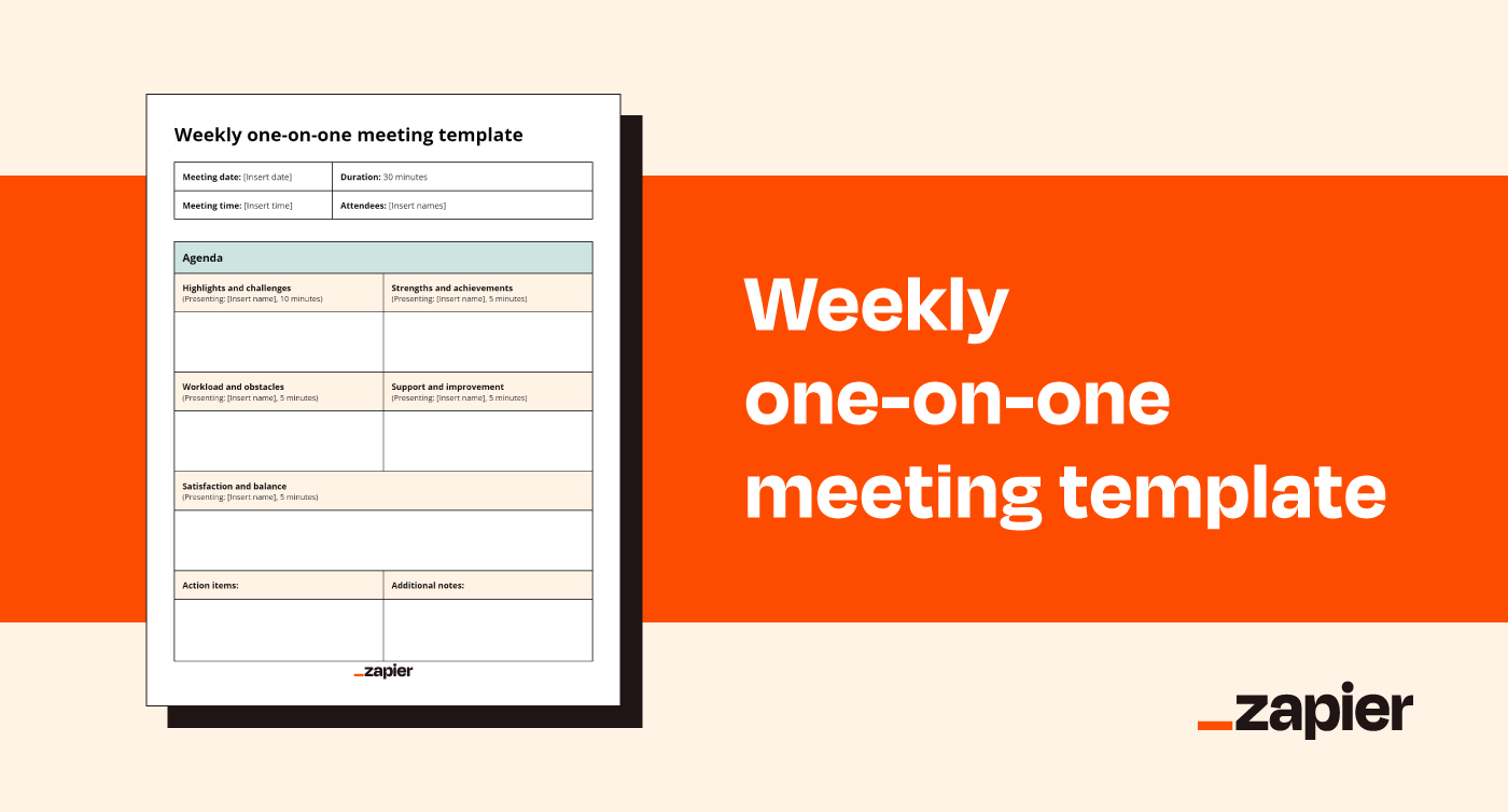 Screenshot of Zapier's weekly one-on-one meeting template on an orange background