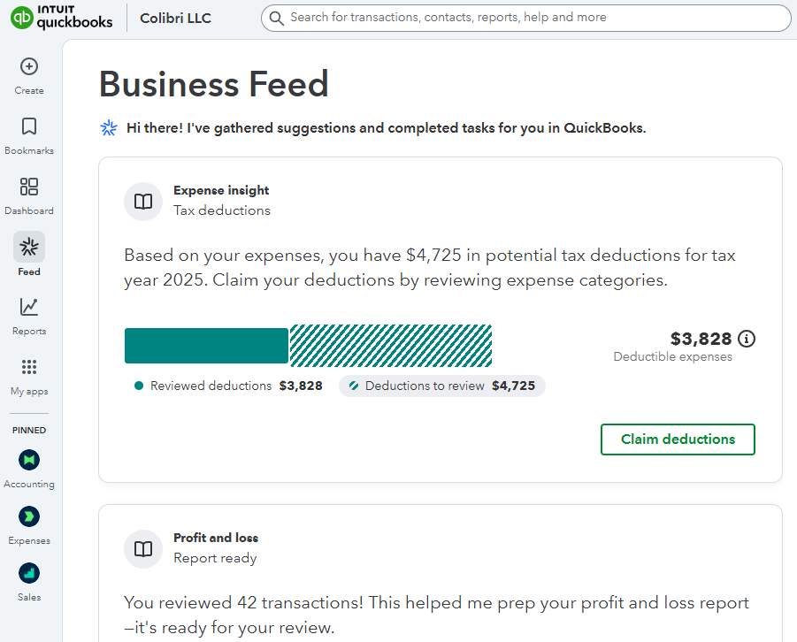 The Business Feed page in QuickBooks