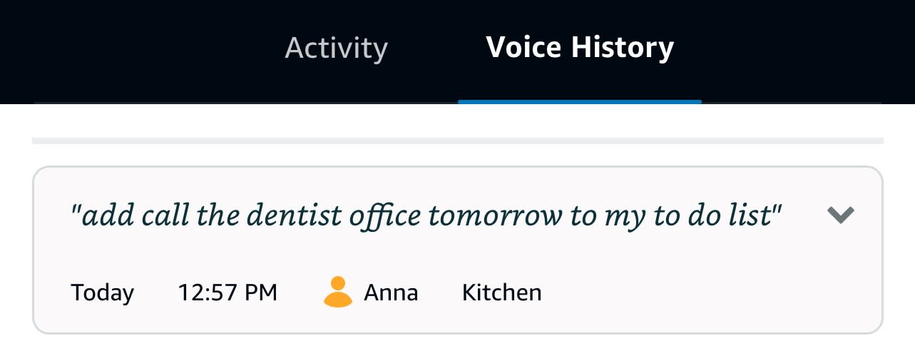 Alexa voice history showing Anna's history