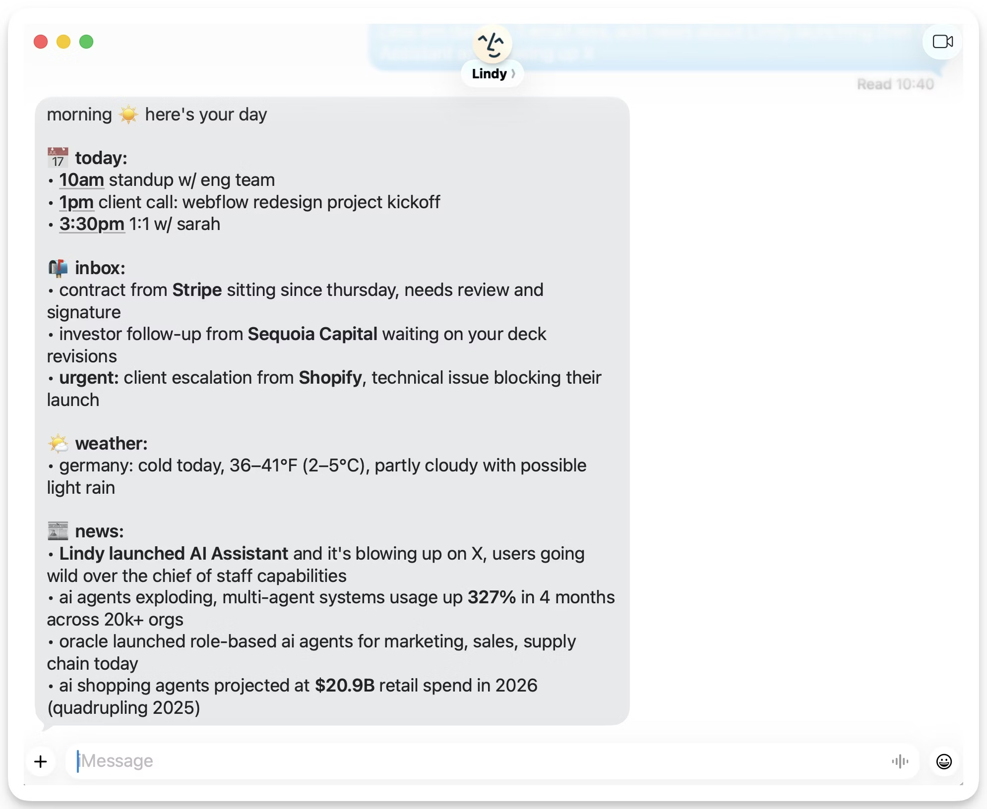 Screenshot of a text message from Lindy