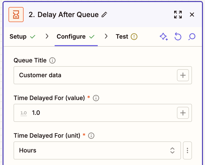 A screenshot of a window in the Zap editor for a Delay step, which is configured to apply a one-hour delay per item in a queue titled "Customer data."