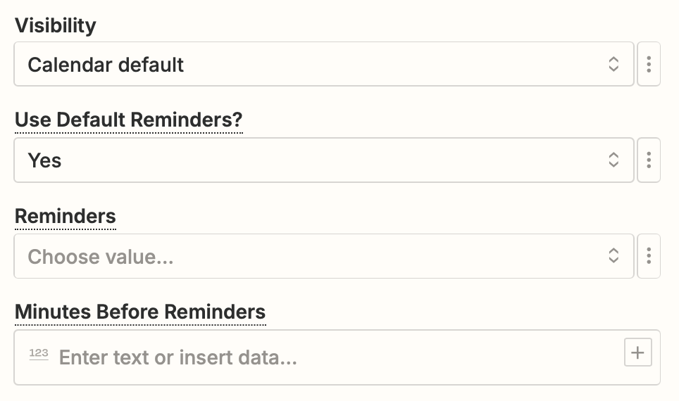 Calendar fields in the Zap editor for visibility and reminders.