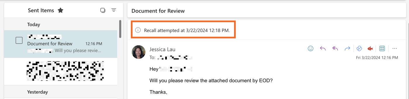 Screenshot of the recall request message at the top of the email in Outlook