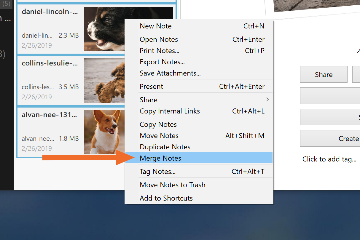 Evernote right click merge notes button
