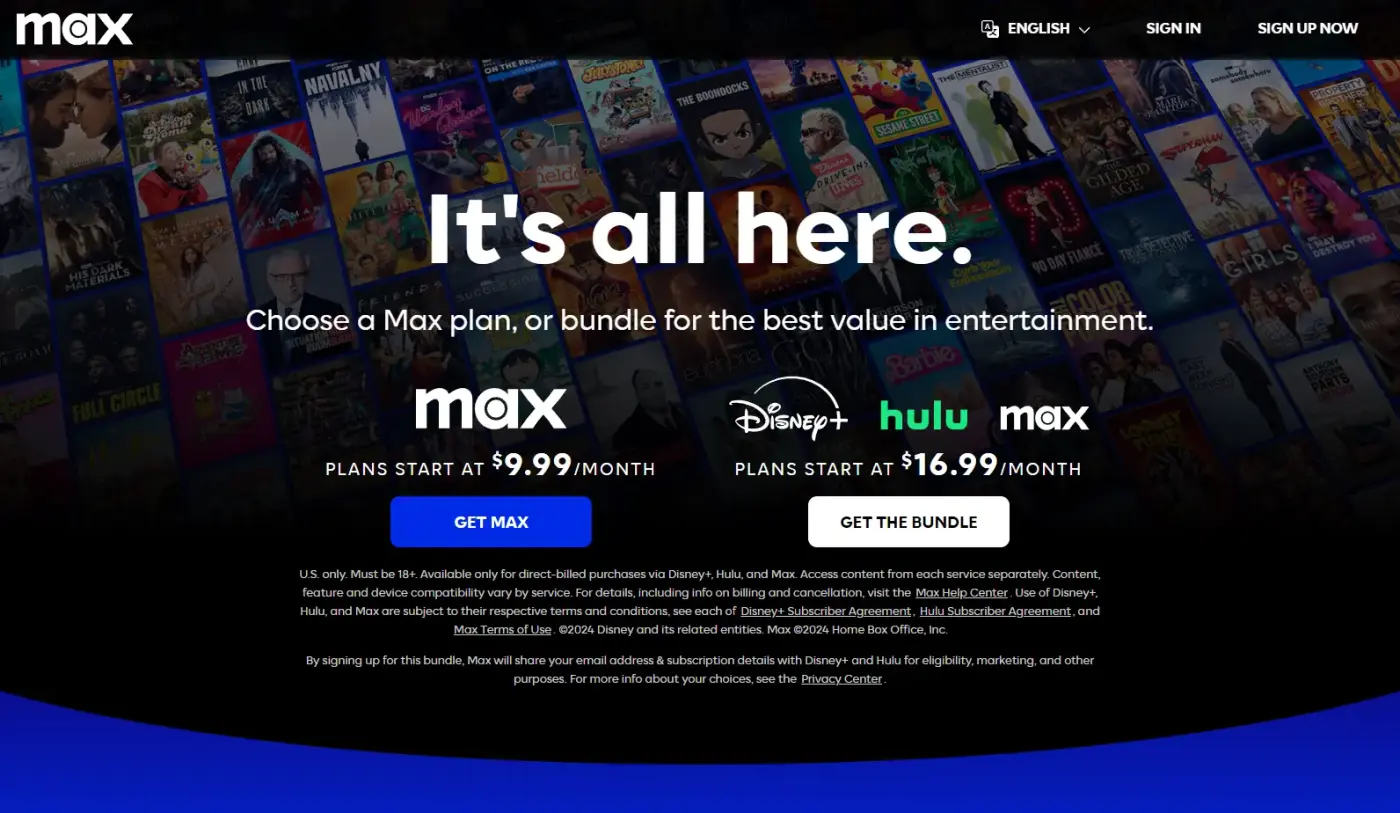 Screenshot of a Max landing page header showing three categories (news, entertainment, and sports) with images of Anderson Cooper, Ketel Marte, and Margot Robbie with Ryan Reynolds