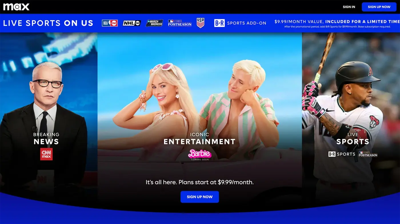 Screenshot of a Max landing page header showing three categories (news, entertainment, and sports) with images of Anderson Cooper, Ketel Marte, and Margot Robbie with Ryan Reynolds