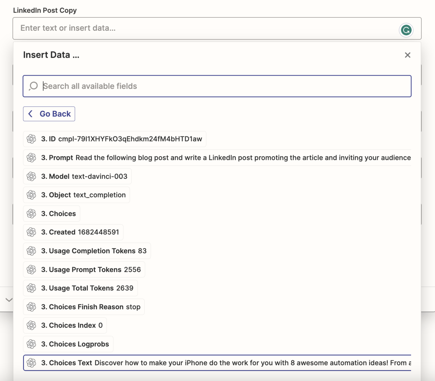 A screenshot showing how to add data to an Airtable step in Zapier.