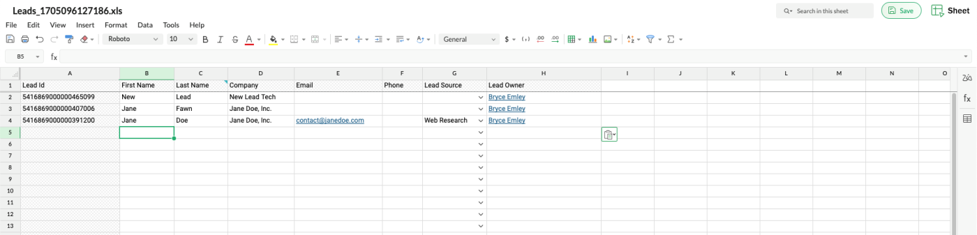 Screenshot of an Excel sheet with Zoho lead data