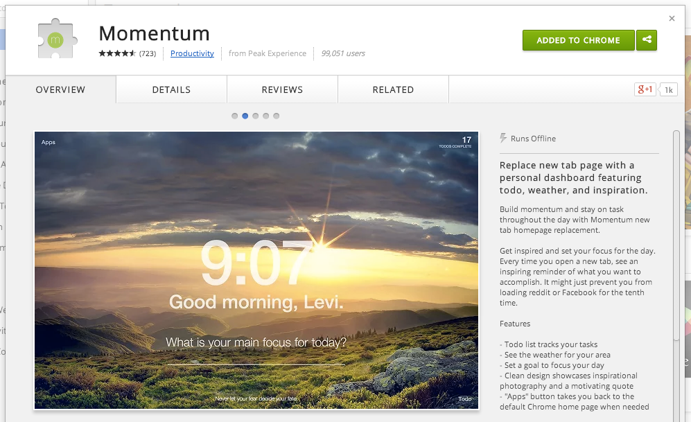 The Momentum app in the Chrome store