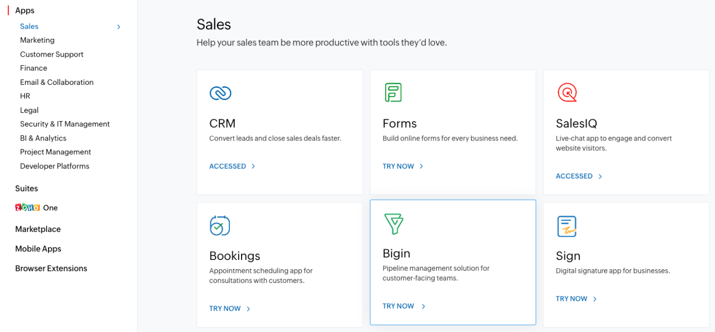 Screenshot showing Zoho's selection of apps