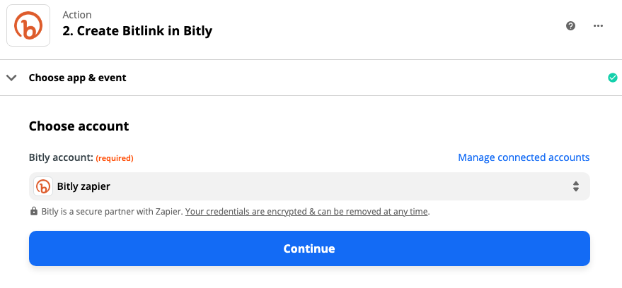 A Bitly account selected in the action step of the Zap editor.