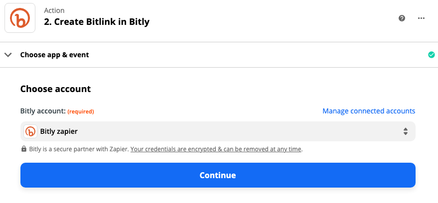 Un compte Bitly sélectionné dans l'étape d'action de l'éditeur Zap.