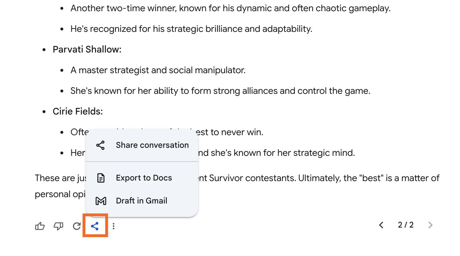 Gemini conversation with an expanded view of the share and export dropdown. 