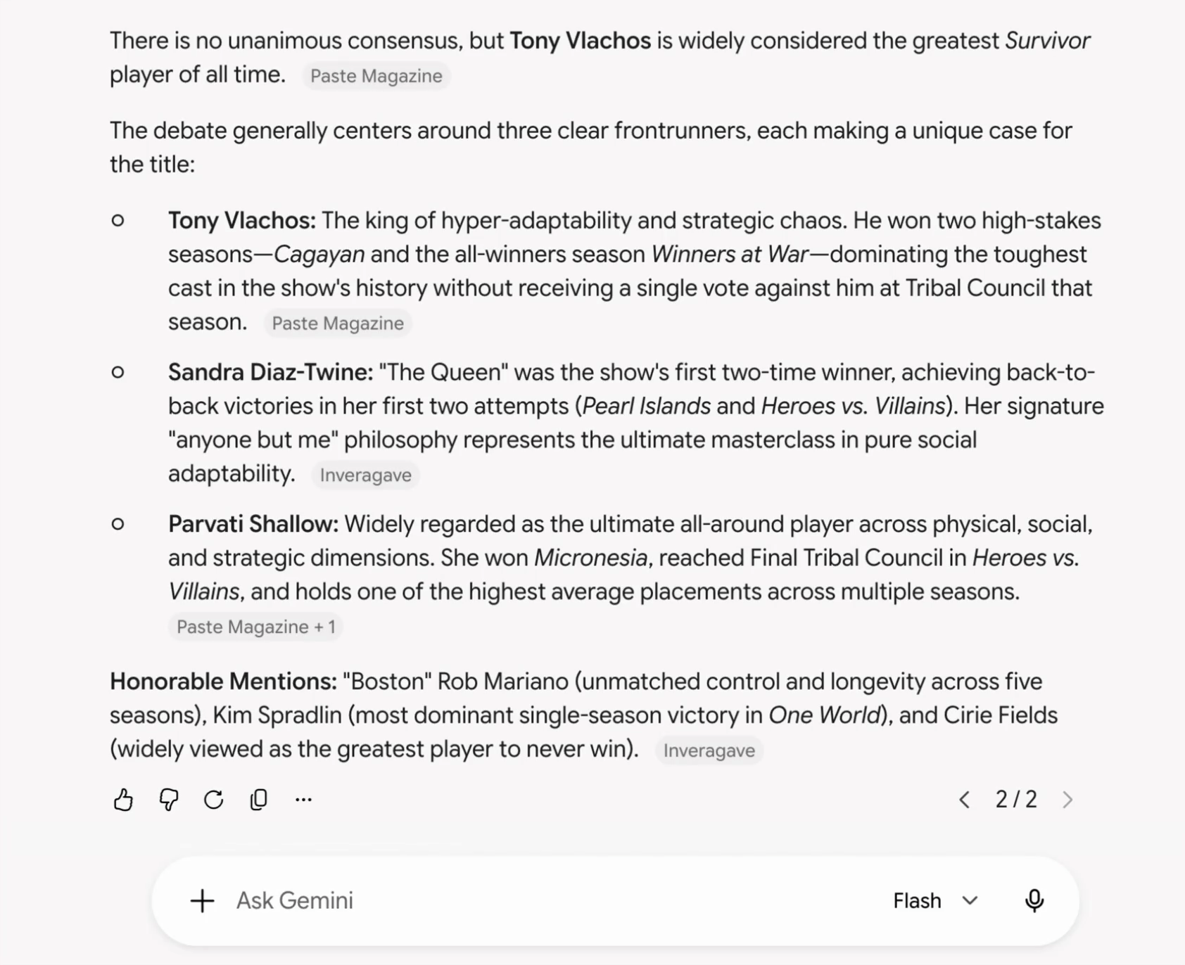 Gemini conversation with an expanded view of the share dropdown.