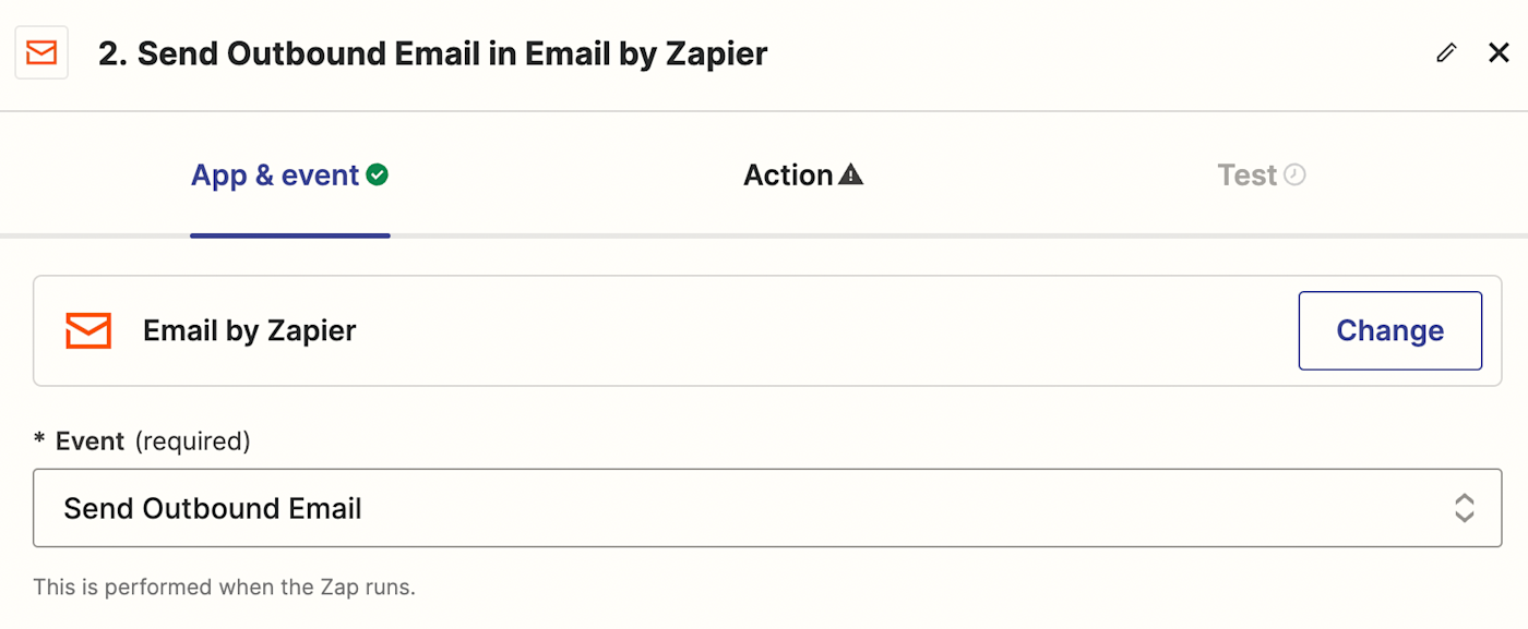 Screenshot of action event in zap editor