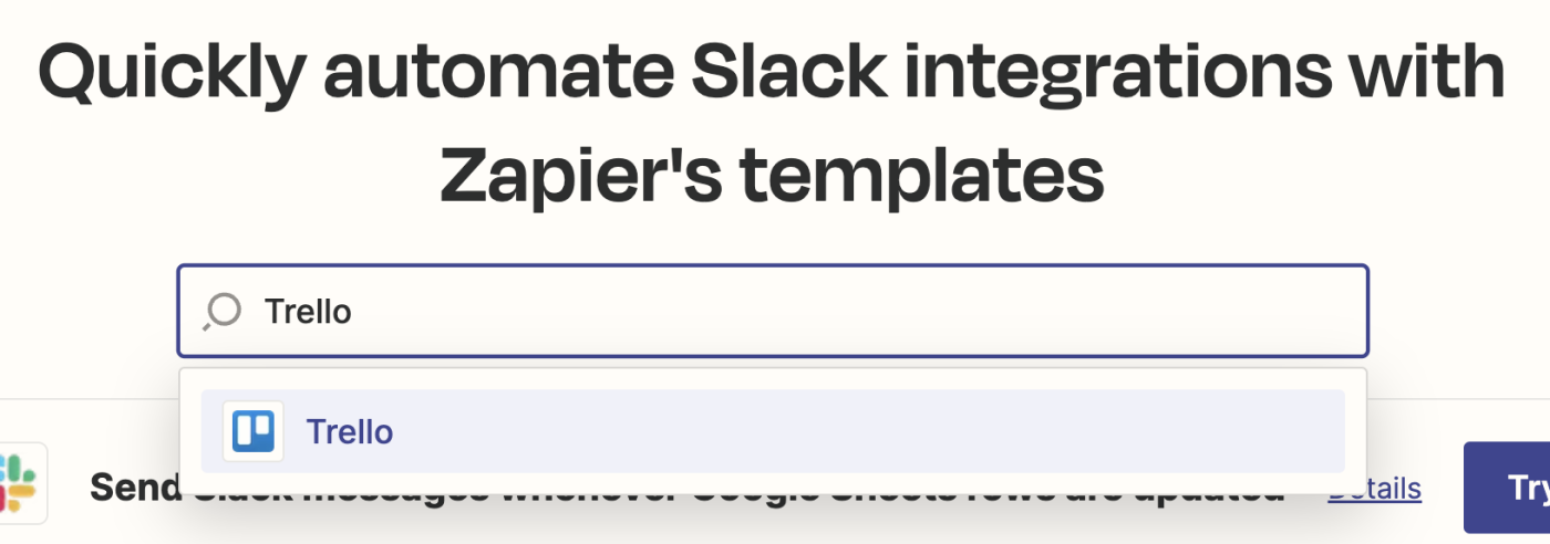 Trello entered in the search field for the Slack integration page in the Zapier App Directory.