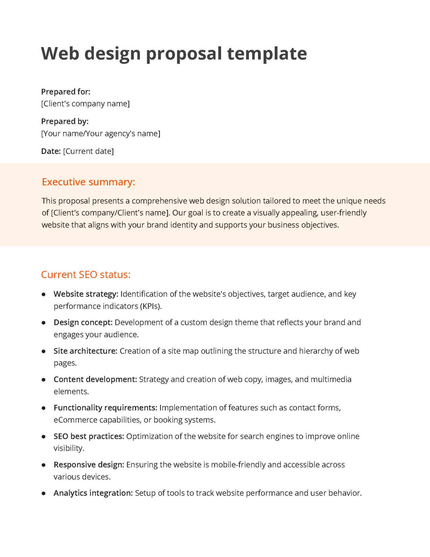 White and orange web design proposal template including a section for the executive summary and current SEO status