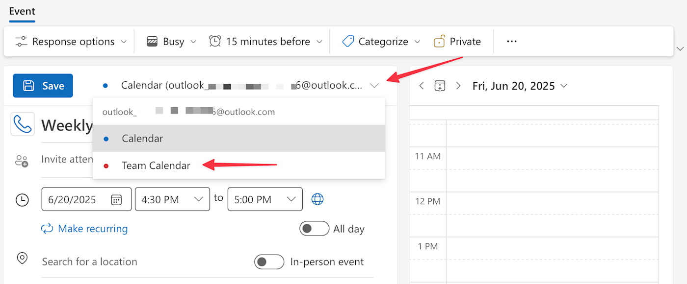 Screenshot of calendar option