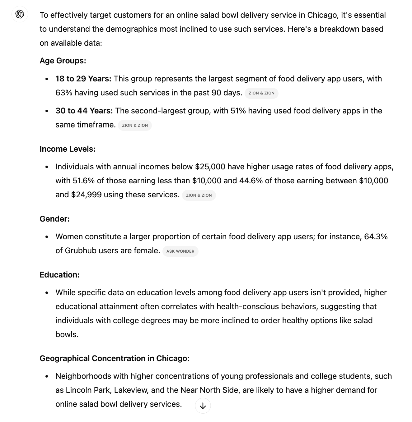 ChatGPT output summarizing the demographics of people most likely to order salads in Chicago.