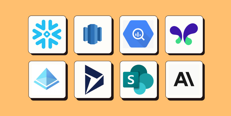 App logos for Snowflake, Amazon RedShift, Google BigQuery, MakerSuite, Azure Active Directory, Microsoft Dynamics 365 CRM, Microsoft Sharepoint, and Anthropic.