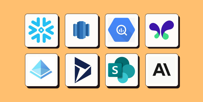 App logos for Snowflake, Amazon RedShift, Google BigQuery, MakerSuite, Azure Active Directory, Microsoft Dynamics 365 CRM, Microsoft Sharepoint, and Anthropic.