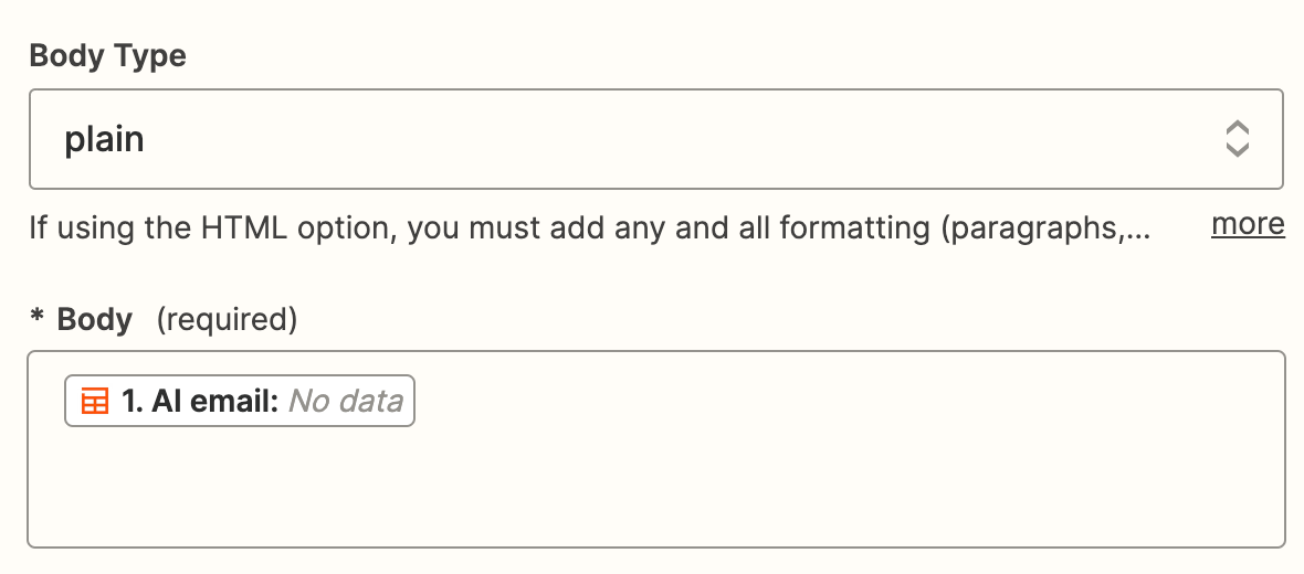 Screenshot of body set up for email zap