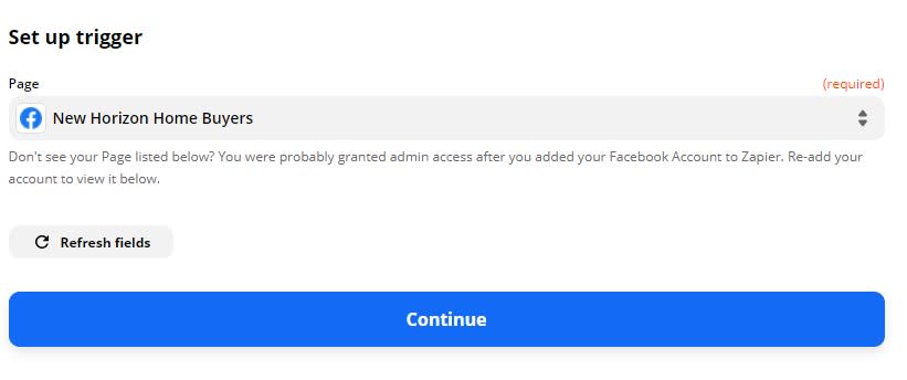 A screenshot of the Zapier editor showing a Page has been selected. In this case, New Horizon Home Buyers.