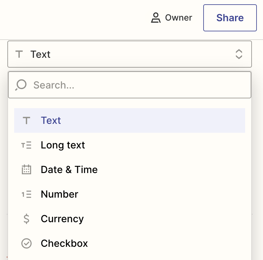 screenshot of field types