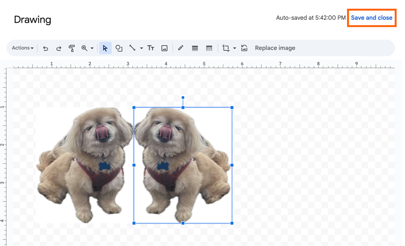 Mirror image of the same dog on the drawing board of Google Docs. 