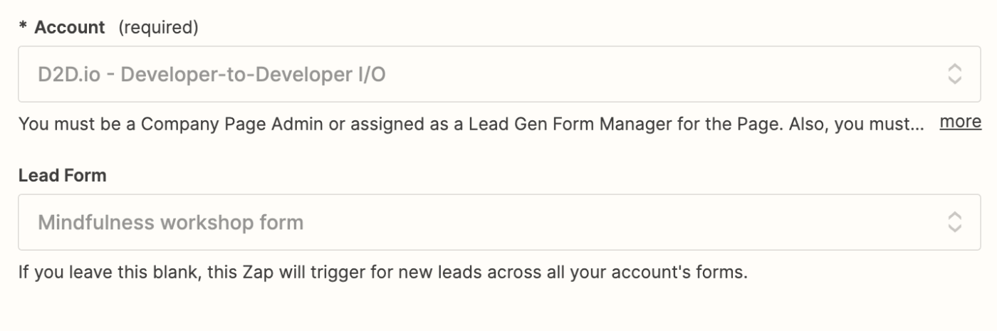 Fields for Account and Lead Form in the Zap editor.