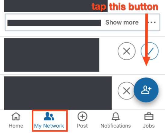 An iOS screenshot of the LinkedIn app showing the My Network icon and a floating blue button that lets you access these settings.