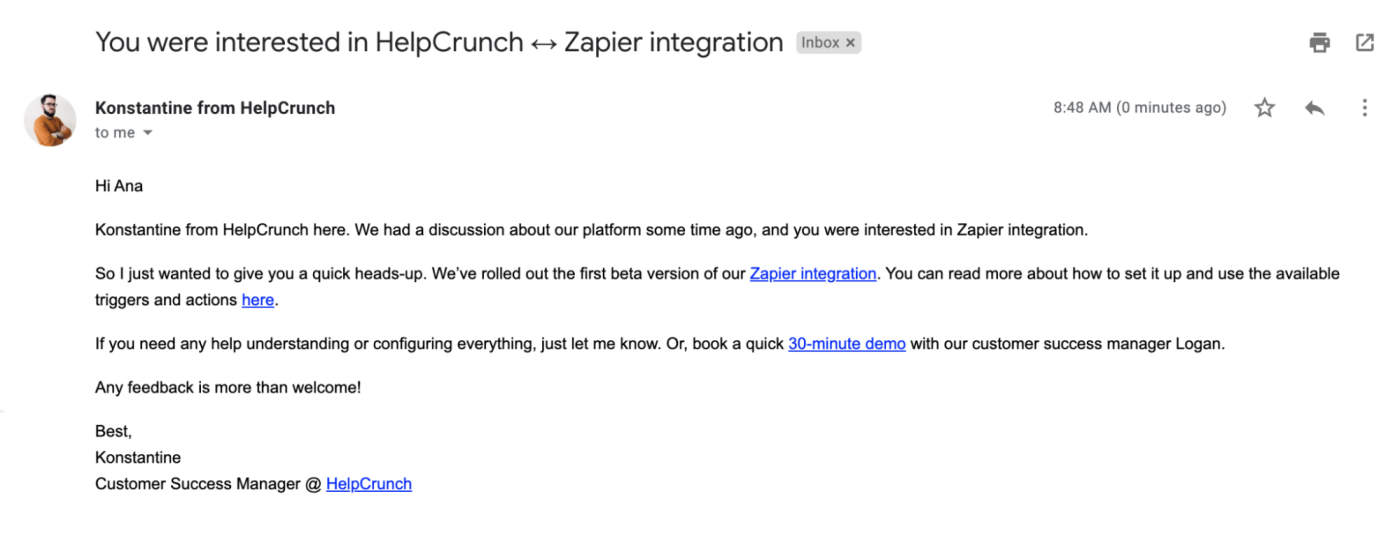 Personal follow-up example after rolling out Zapier integration