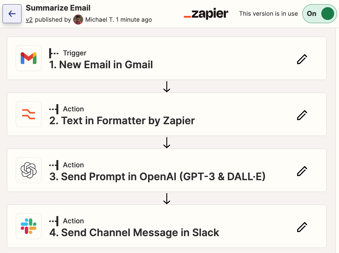 A 4-step Zap in the Zap editor.