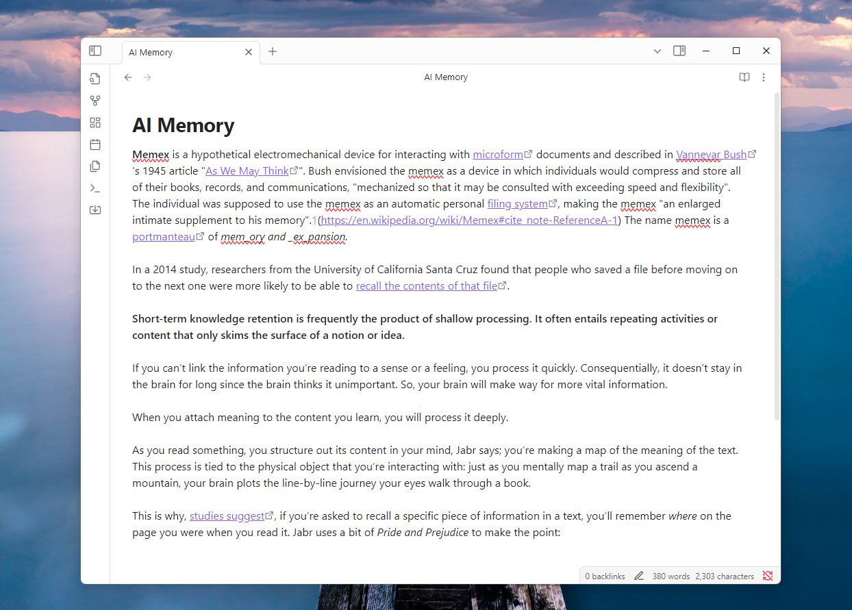 The simple writing interface on Obsidian