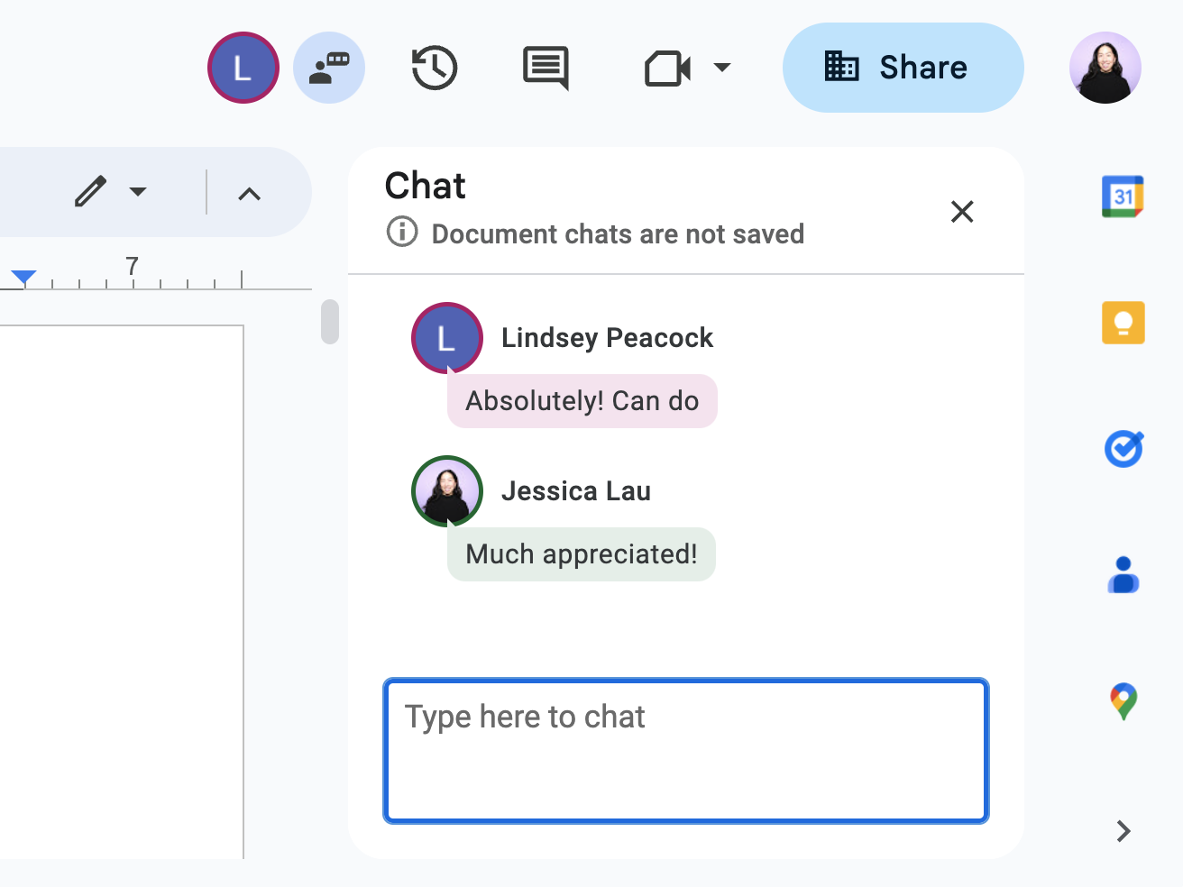 Example of a chat in Google Docs.