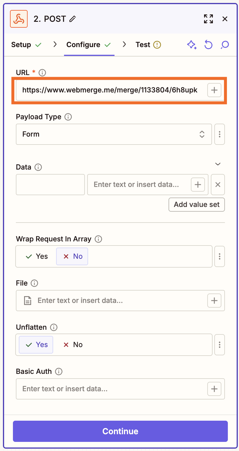 A screenshot of a window in the Zap editor where you enter your webhook URL and other data.