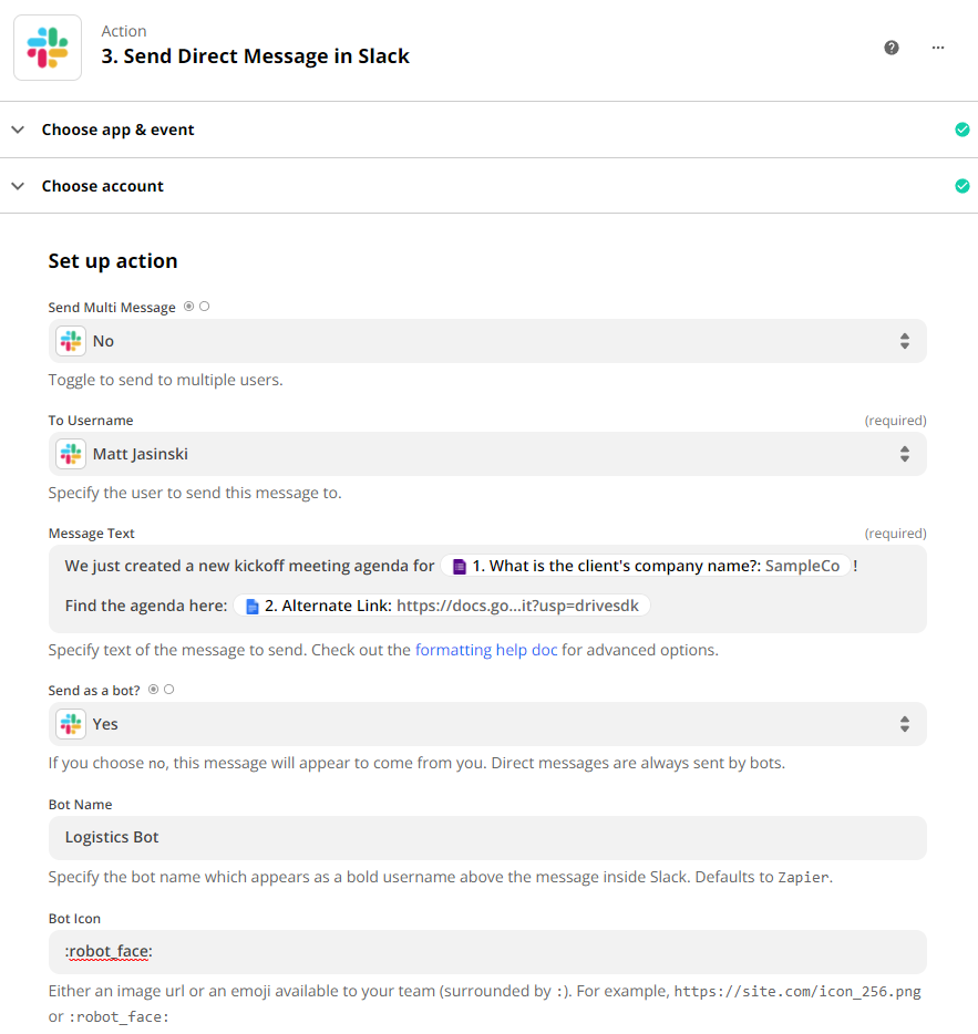 A screenshot of how to set up the second action step of this Zap, with information added to a Slack message text field from the form and the document creation step. 