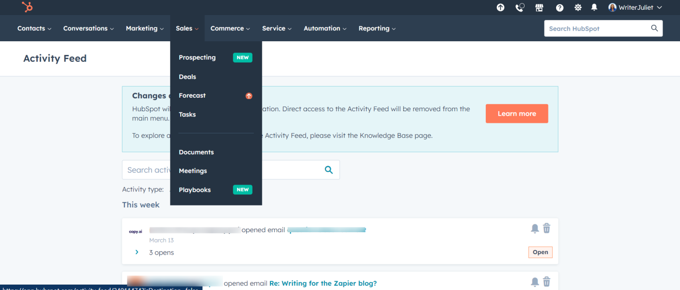 The HubSpot interface