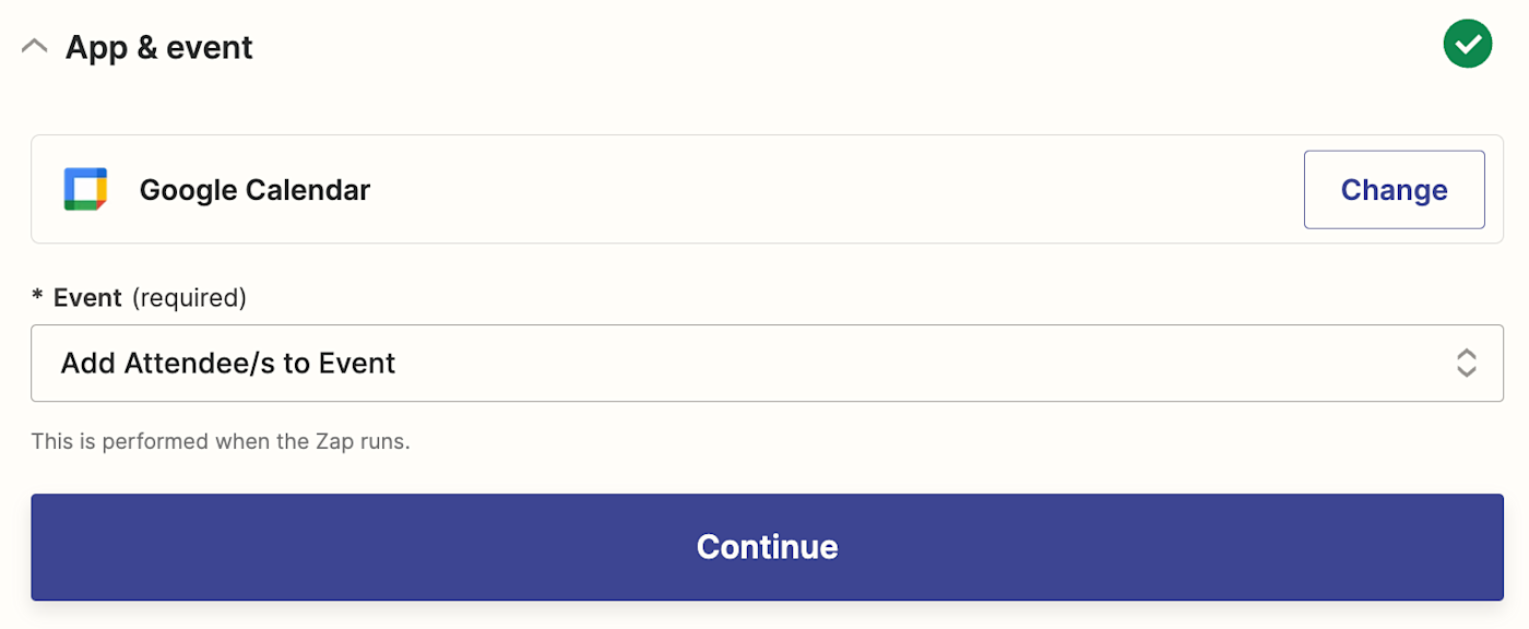 An action step in the Zap editor with Google Calendar selected as the action app and Add Attandee/s to Event selected as the action event.