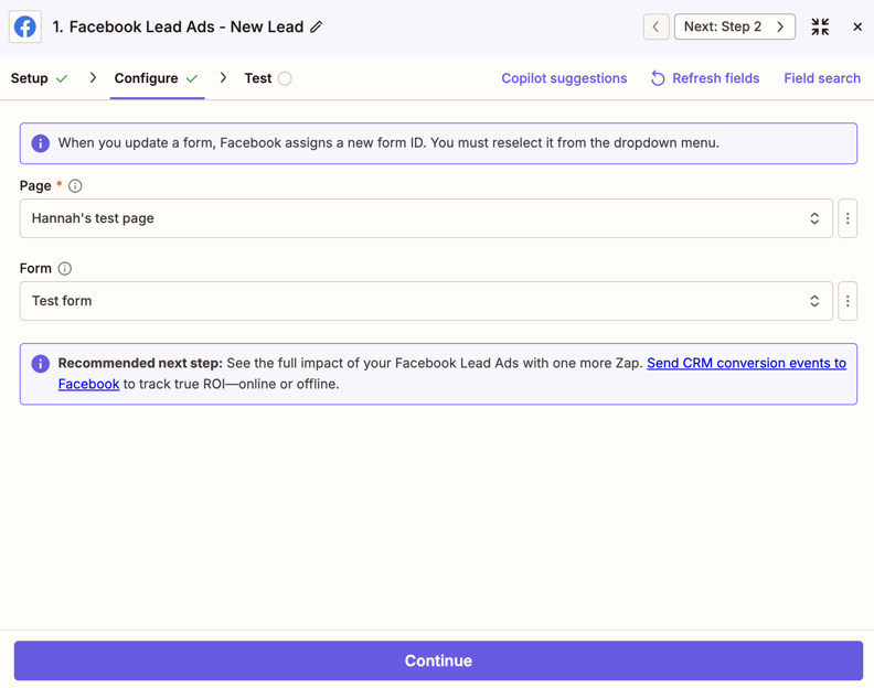 A trigger step in the Zap editor is shown with a Facebook Lead Ads page and form selected.
