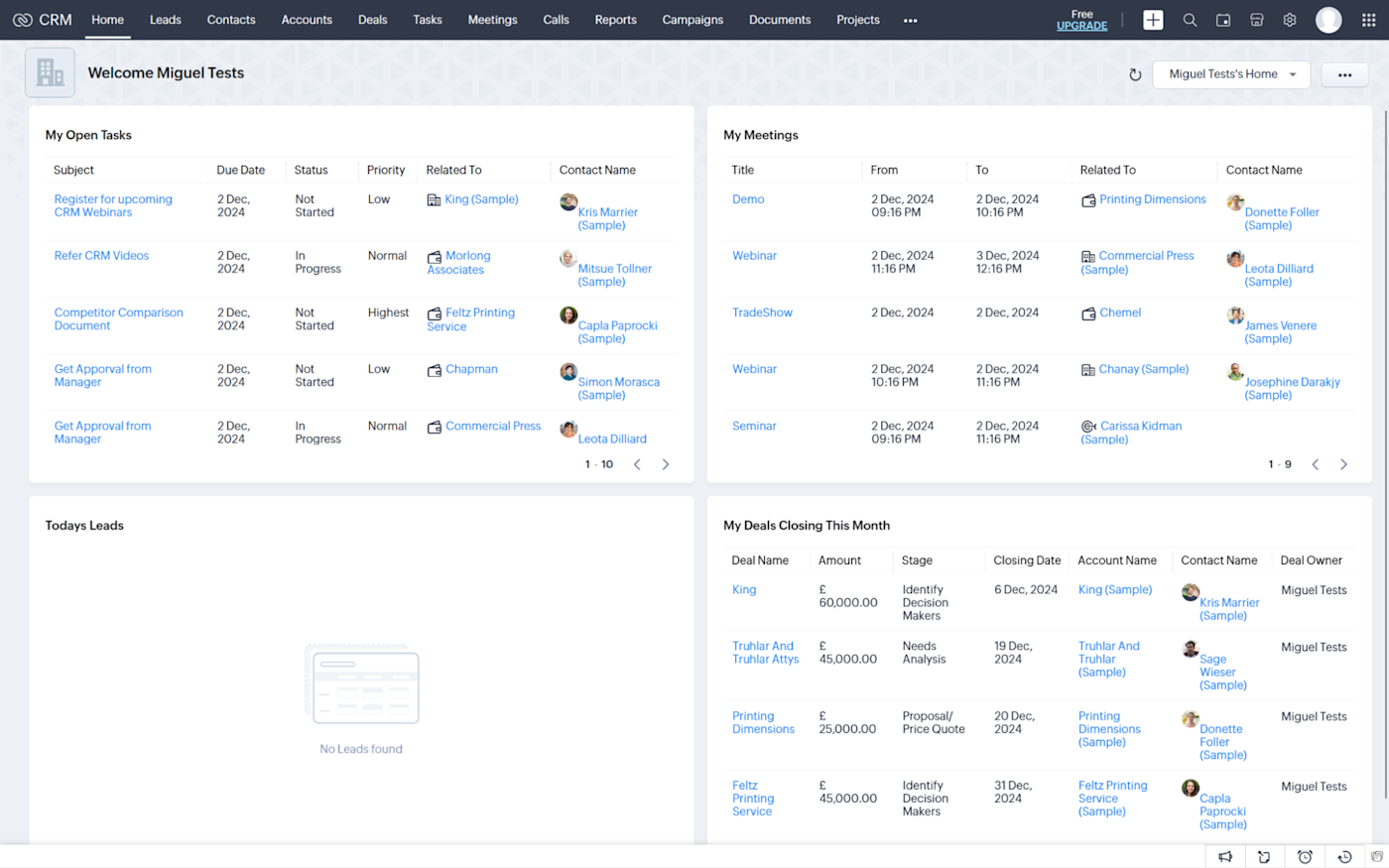 Zoho dashboard and user interface