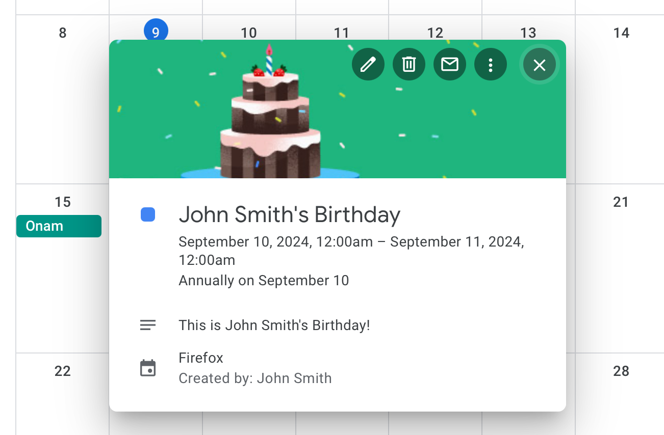 A Google Calendar event for John Smith's birthday