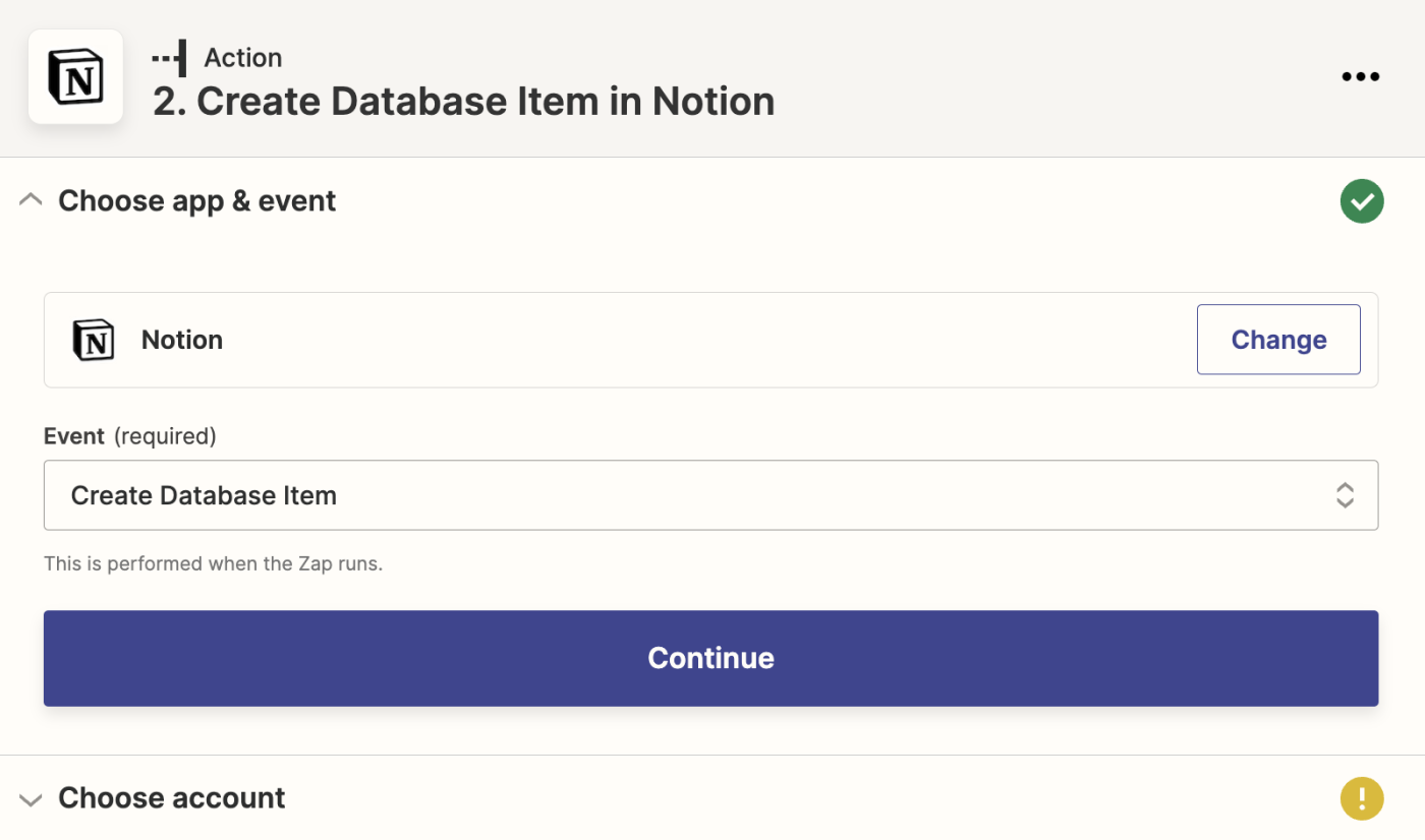 Create Database Item is selected in the event dropdown.