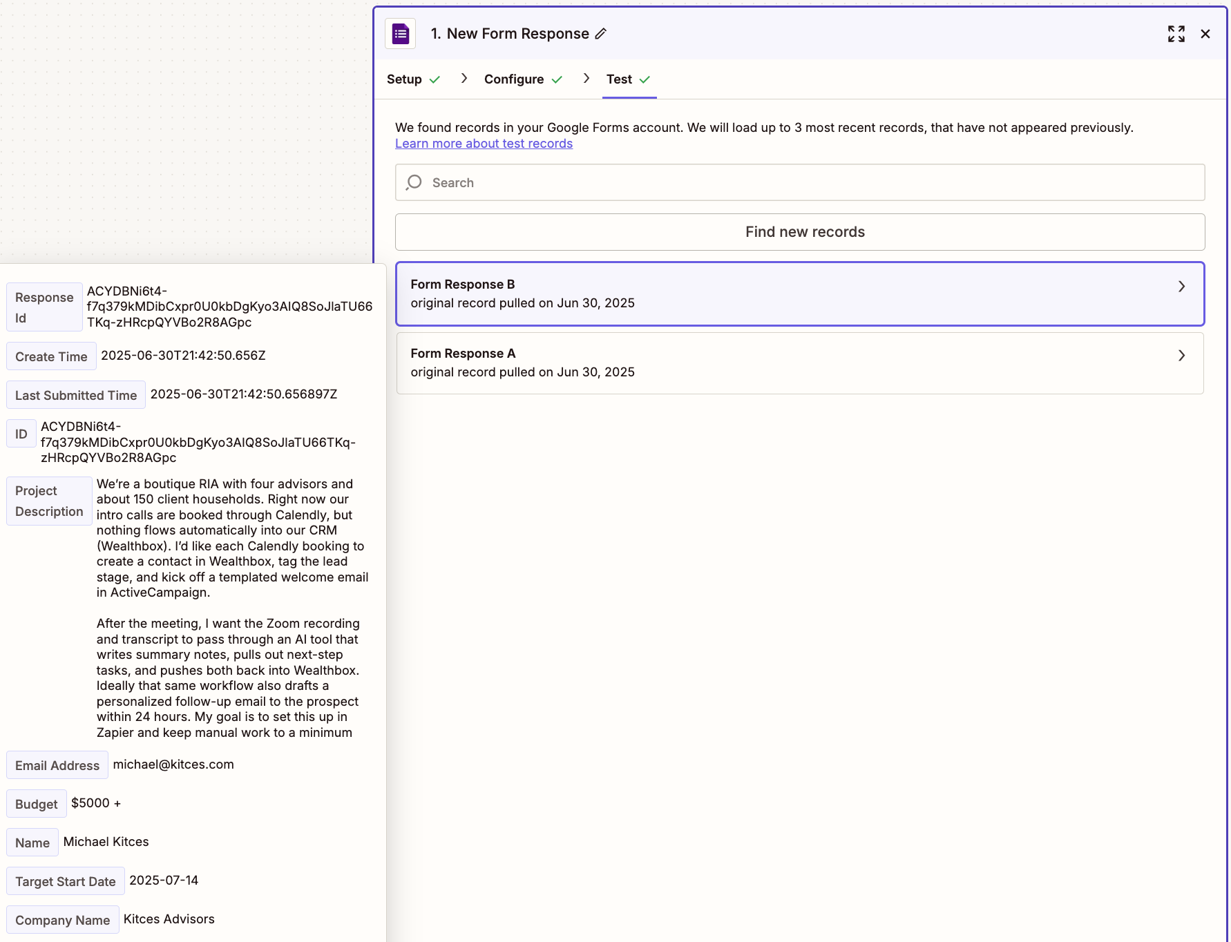 Sample data for a Google Forms trigger step in the Zap editor.