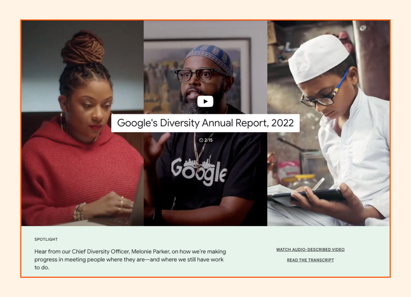 Google's video promoting its Diversity Annual Report for 2022, showing that brands can use unique elements in their reports