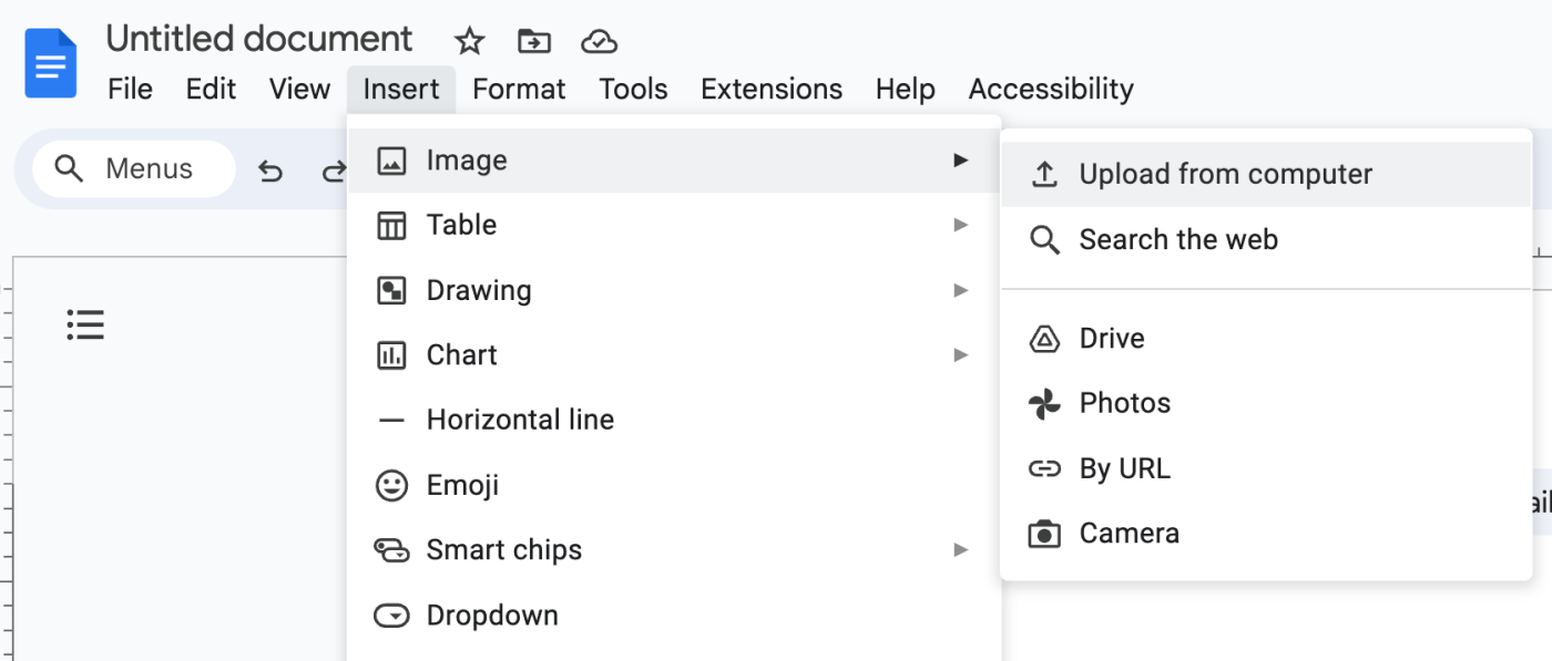 Expanded view of the insert menu in Google Docs. The option to upload an image from the computer is highlighted.