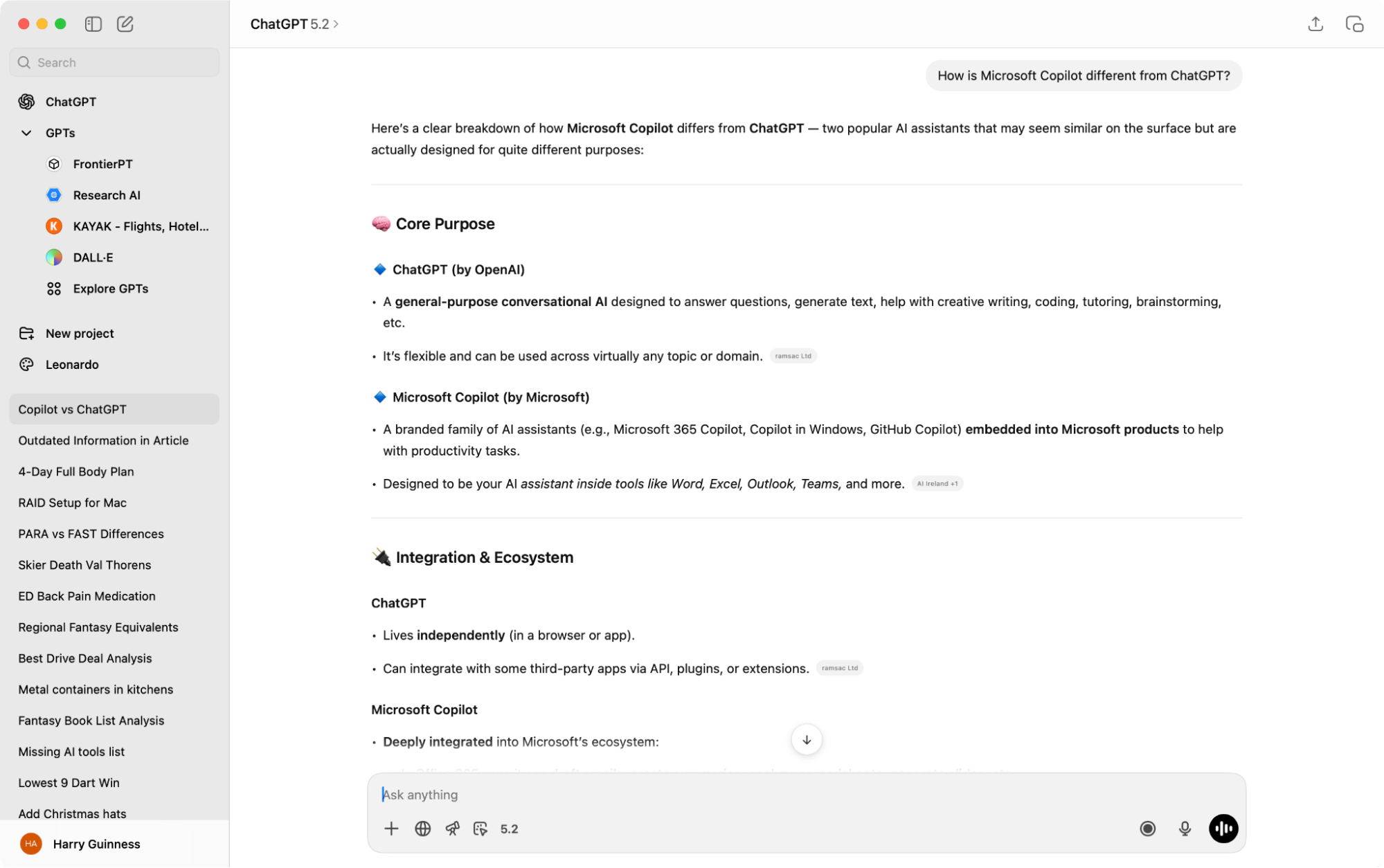 Asking ChatGPT how it's different from Copilot